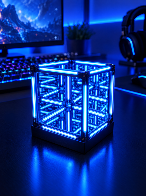 4D Infinity Cube Lamp in blue on a gaming desk