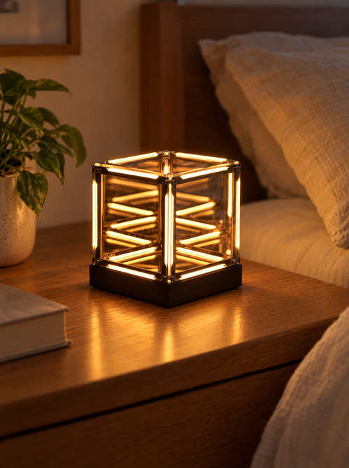 4D Infinity Cube Lamp in warm gold on a bedroom nightstand
